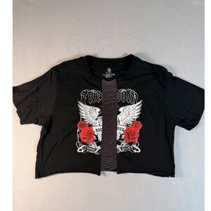 Organic Generation Black Graphic Crop Top Eagle Rose Chain Inset Womens Large